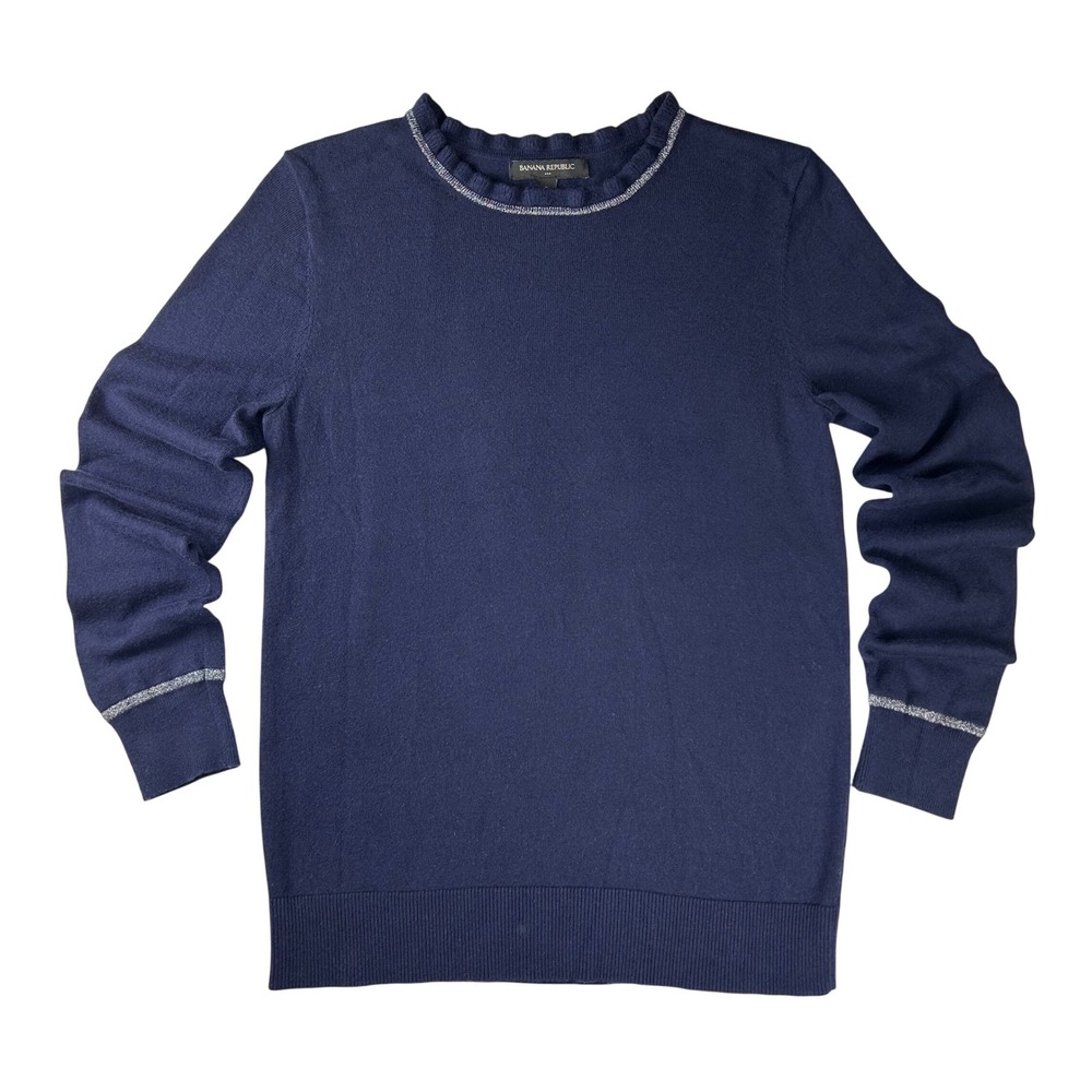 Banana Republic Womens Navy‎ Ruffle Neck Cashmere Blend Sweater Silver Trim S